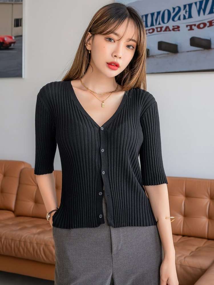  Black V neck Half Sleeve Women Clothing 94