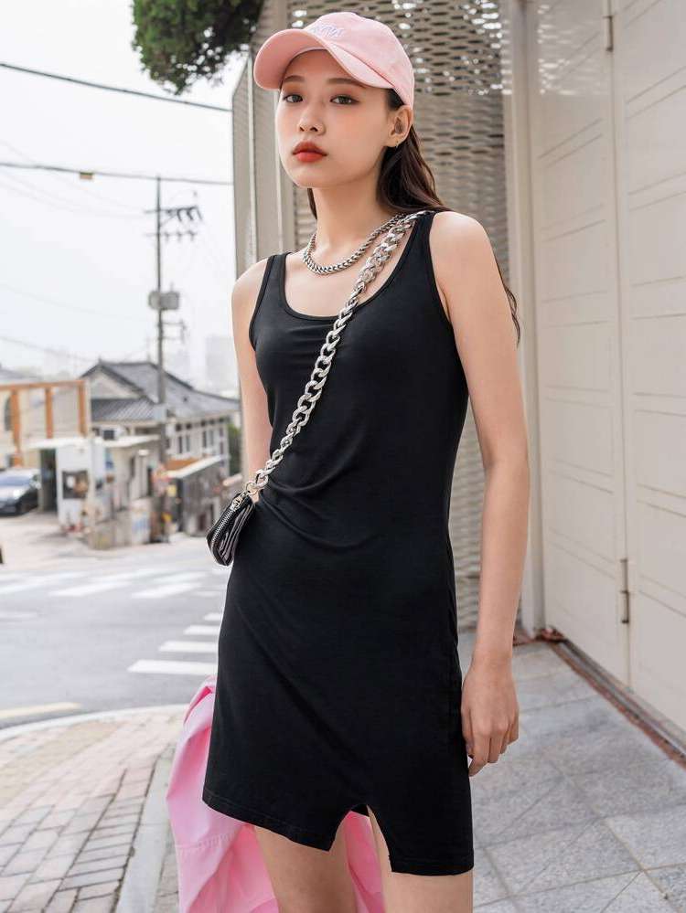 Black Plain Sleeveless Women Clothing 4712