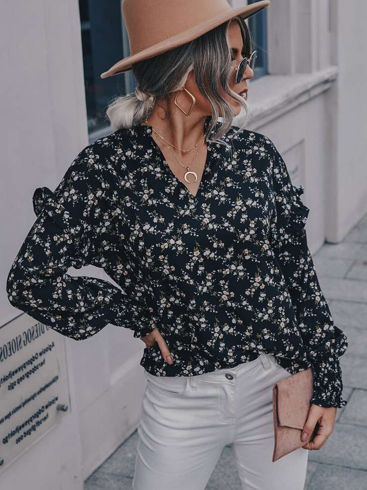 Black Floral Ruffle Regular Women Blouses 5187