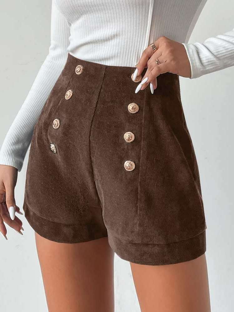 Fake Buttons Black Women Shorts 1188