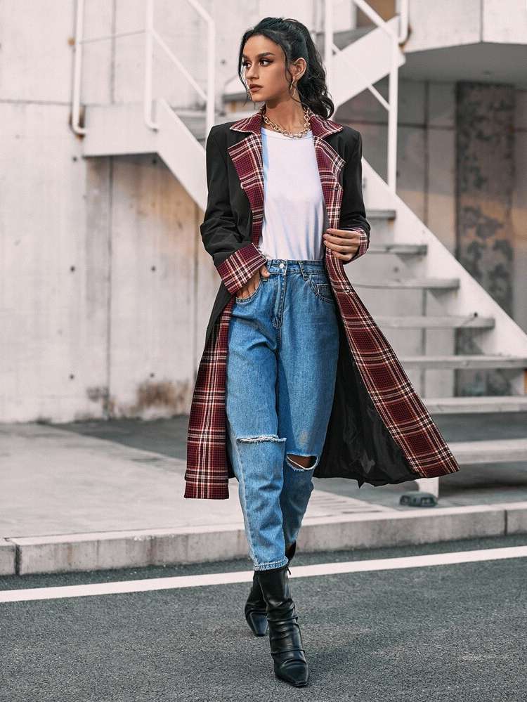 Long Sleeve Casual Plaid Midi Women Trench Coats 463