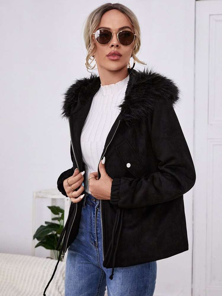 Hooded Black Contrast Faux Fur Long Sleeve Women Outerwear 2048