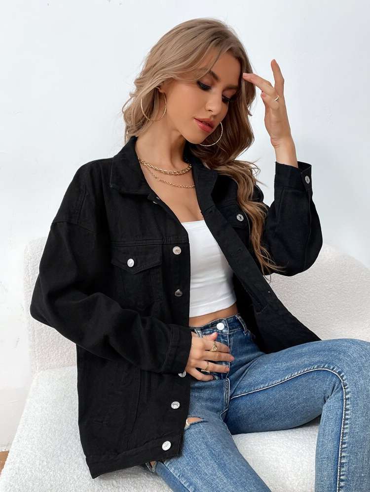 Plain Casual Black Women Denim Jackets  Coats 1042