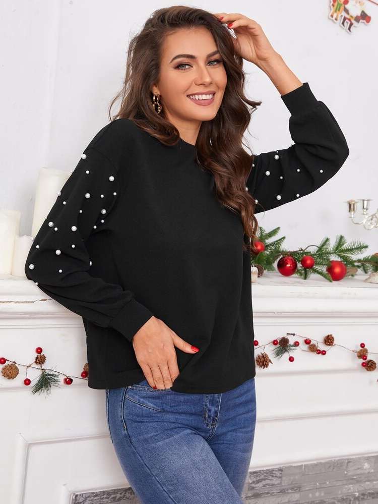 Long Sleeve Regular Fit Pearls Women Tops, Blouses  Tee 944