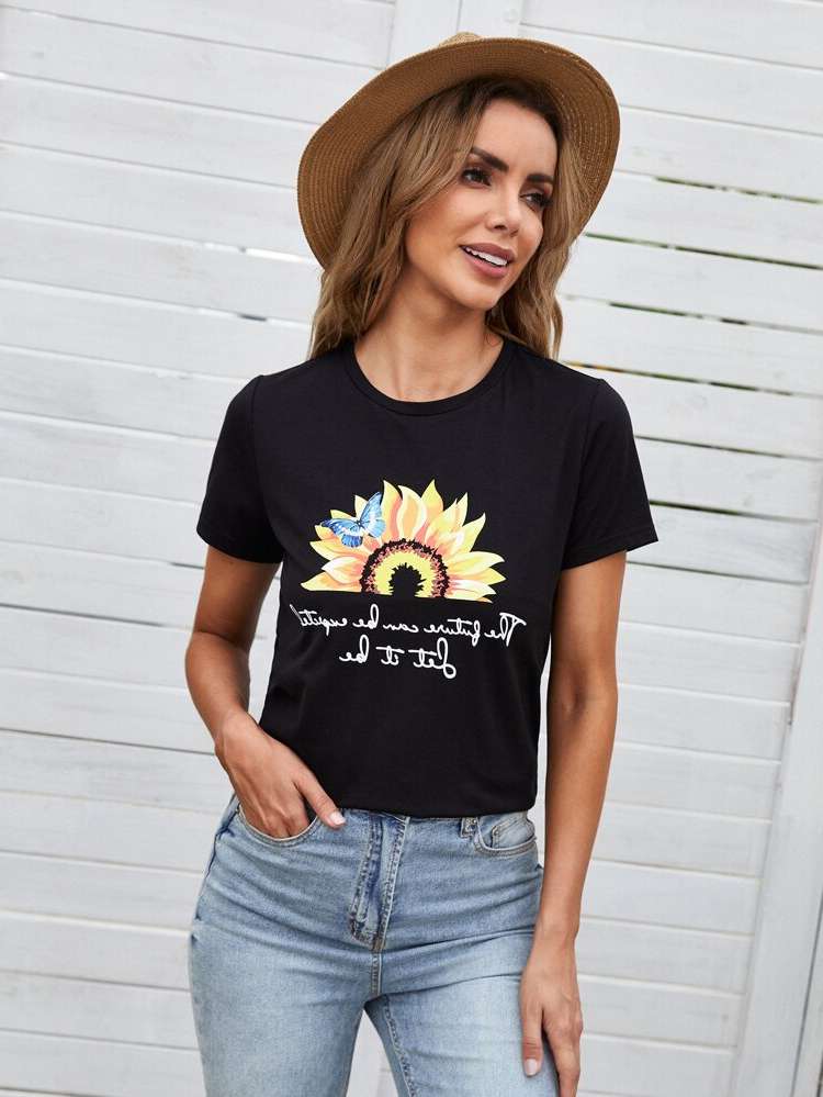 Floral Black Casual Round Neck Women T-Shirts 739