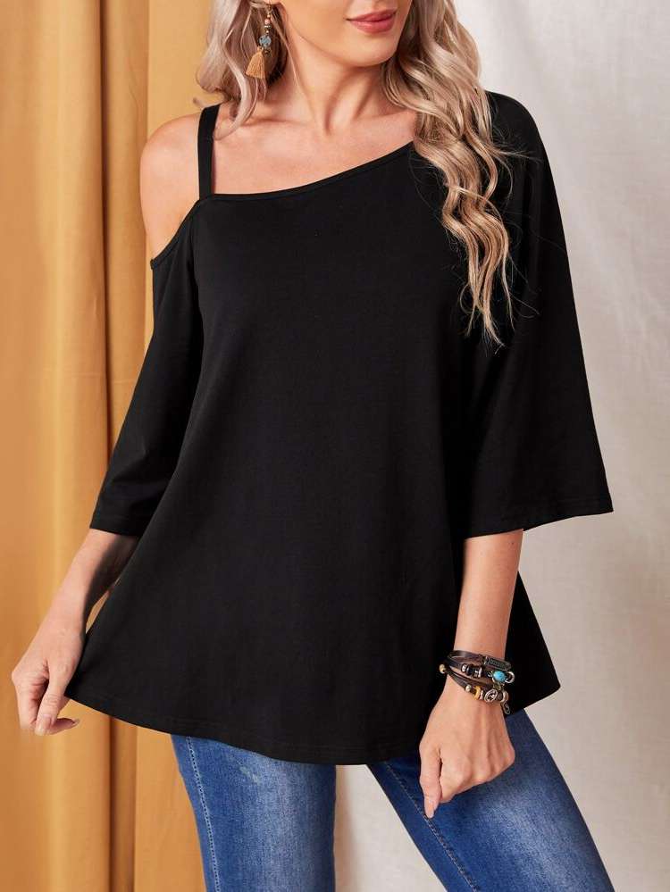  Asymmetrical Neck Regular Three Quarter Length Sleeve Women Clothing 2842