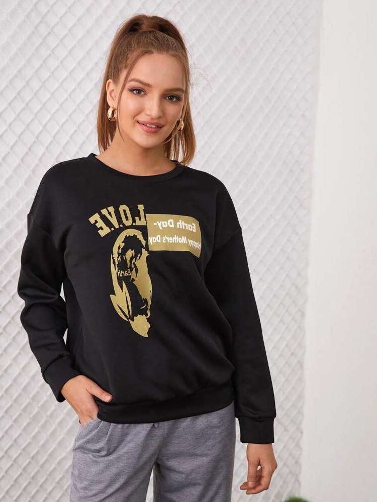  Slogan Round Neck Black Women Sweatshirts 325