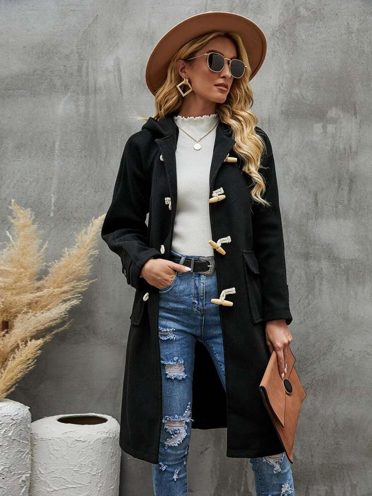 Black Button Front Regular Fit Long Sleeve Women Outerwear 461