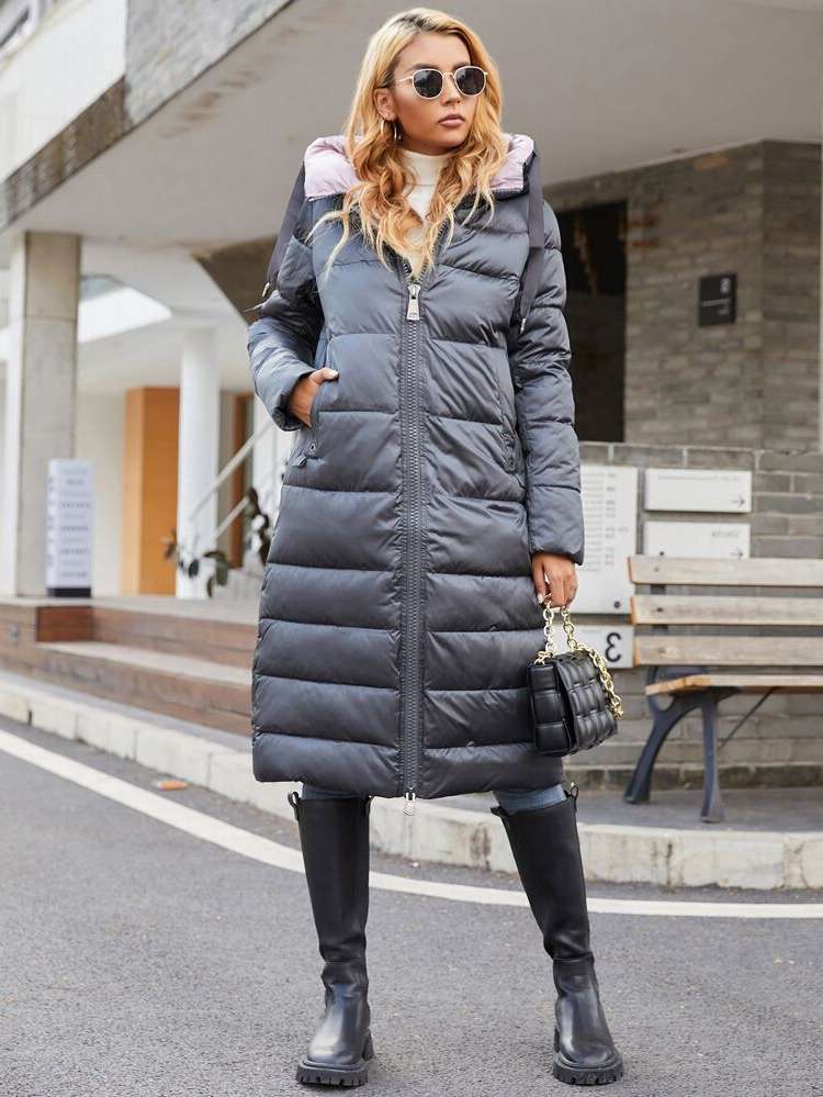 Black Plain Casual Zipper Women Winter Coats 2279