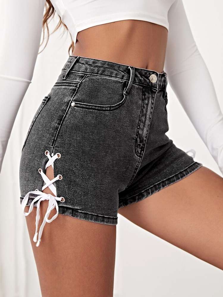 Regular Fit Lace Up Plain Women Denim Shorts 5591