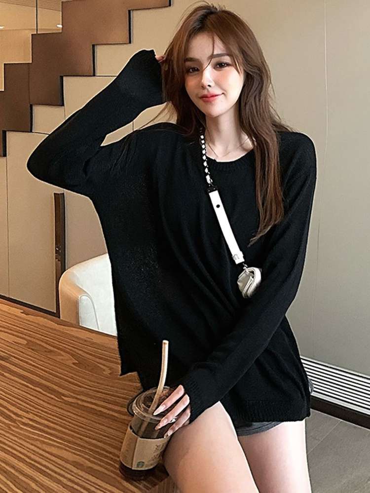 Black Plain Casual Long Sleeve Women Knitwear 419