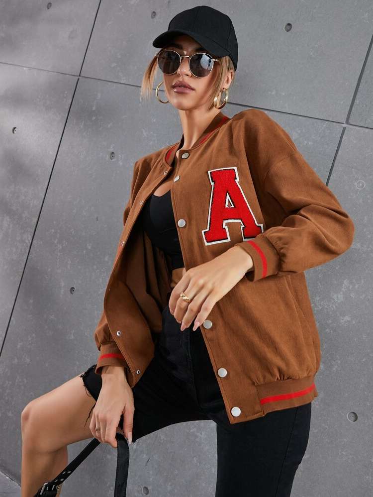  Black Baseball Collar Long Women Jackets 4727