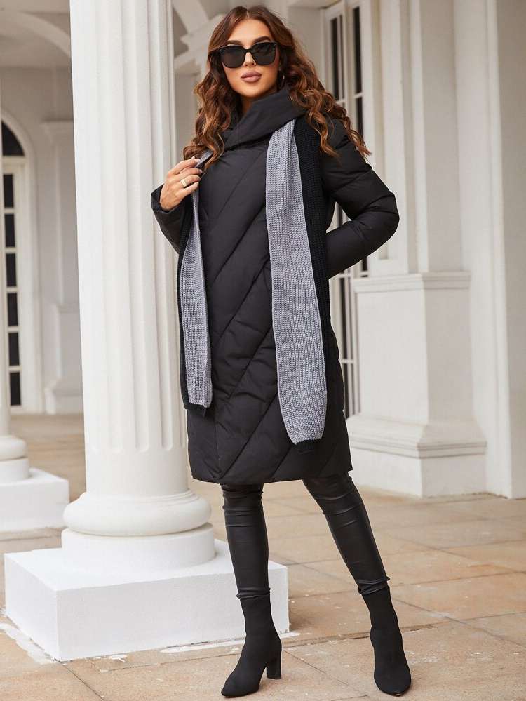 Black Button Funnel Neck Women Winter Coats 8472