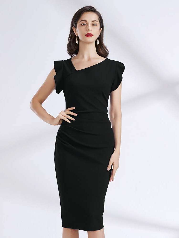  Plain Midi Black Women Dresses 1507