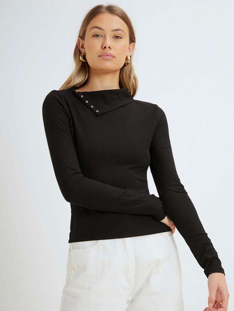 Black Button Long Sleeve Women Tops, Blouses  Tee 125