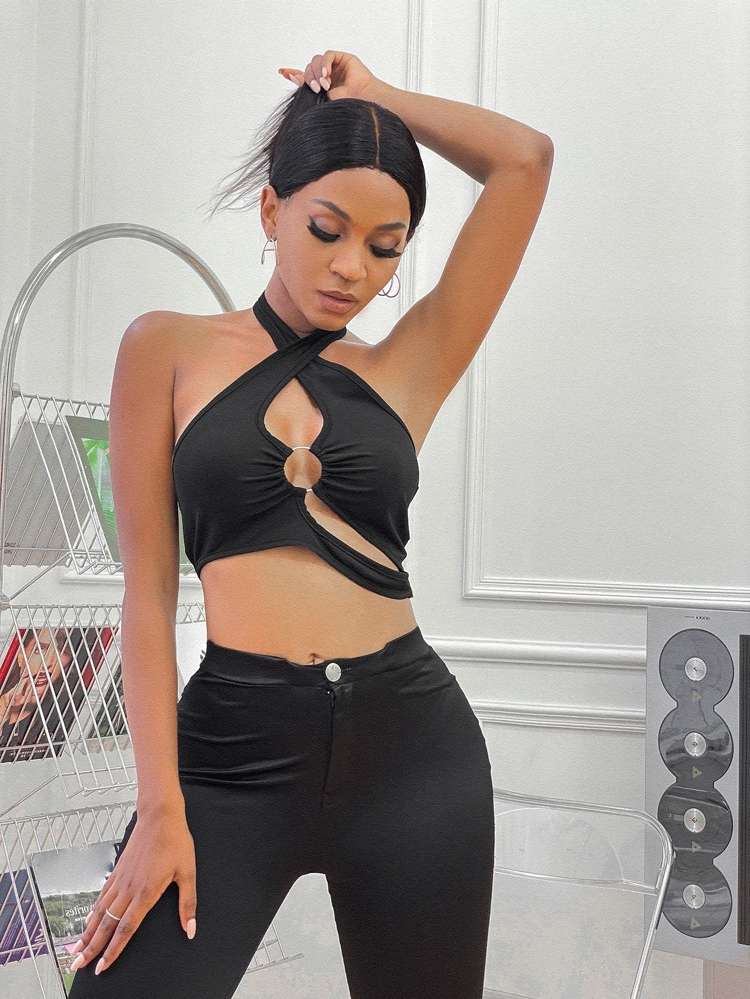 Halter Crop Black Plain Women Clothing 2872