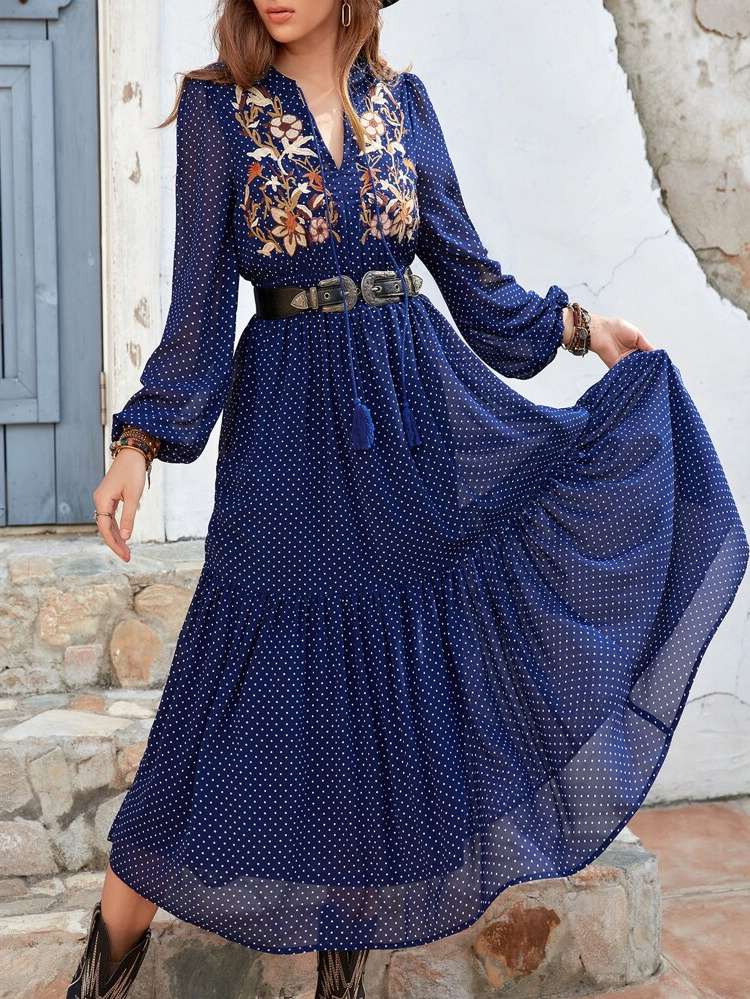 Polka Dot Long Sleeve Ruffle Hem Tie Neck Women Dresses 7623