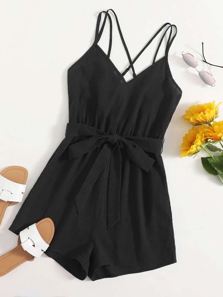  Spaghetti Strap Black Plain Women Jumpsuits 895