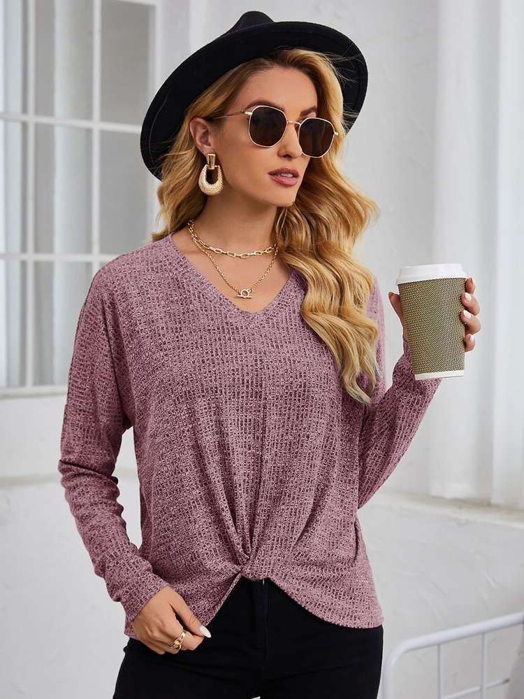 Long Sleeve V neck Plain Women Tops, Blouses  Tee 6951