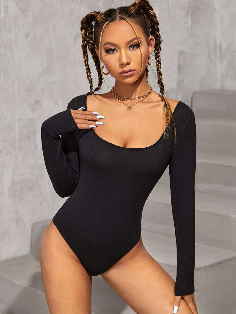 Black Scoop Neck Rib-Knit Women Jumpsuits  Bodysuits 5400