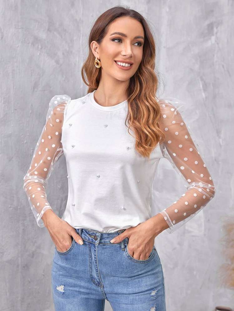  Polka Dot Contrast Lace Regular Fit Women Clothing 9479