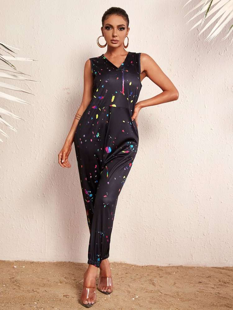 Pocket Graphic Black Long Women Jumpsuits  Bodysuits 3447