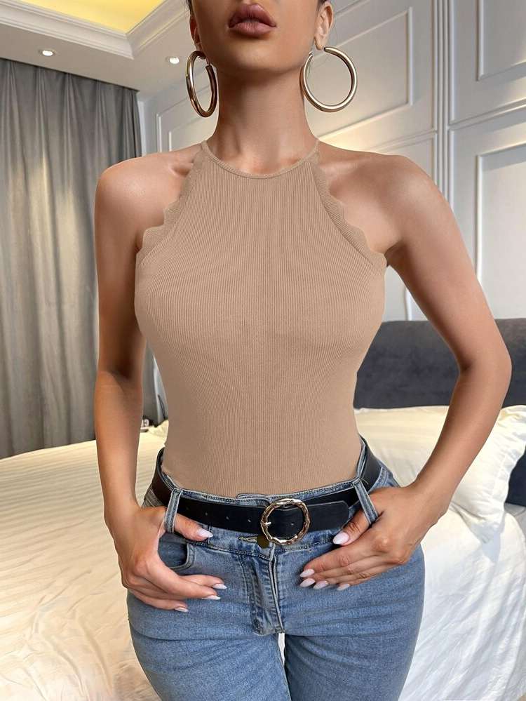 Halter Slim Fit Scallop Plain Women Tops, Blouses  Tee 2726