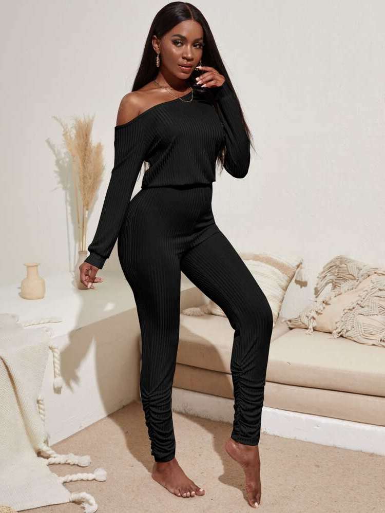 Black Long Sleeve Regular Fit Long Women Jumpsuits  Bodysuits 7416