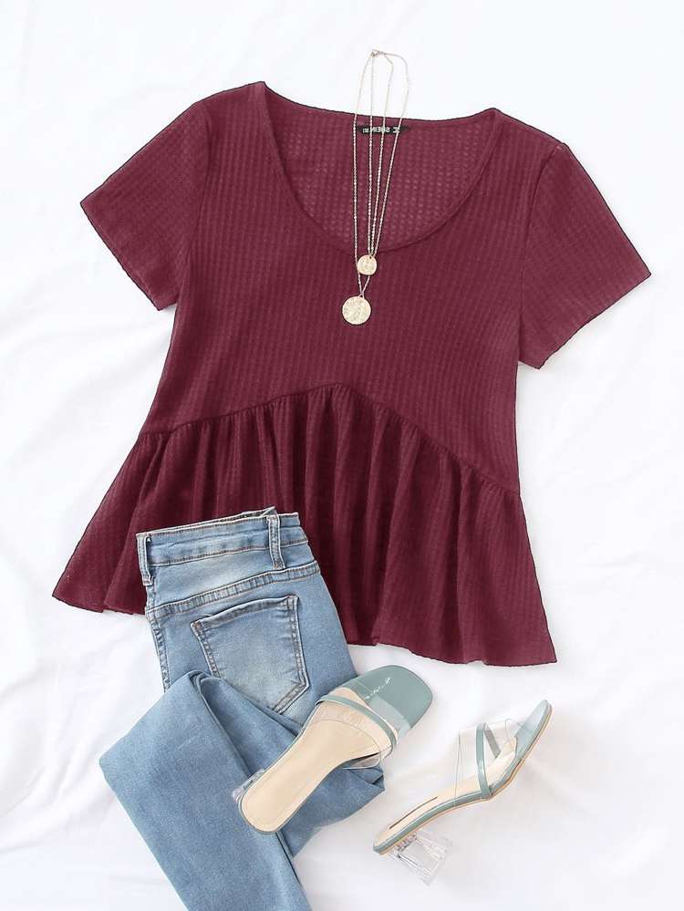  V neck Ruffle Hem Plain Women T-Shirts 759