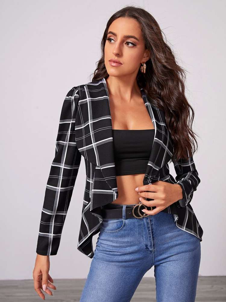 Long Sleeve Black Plaid Asymmetrical Women Blazers 614