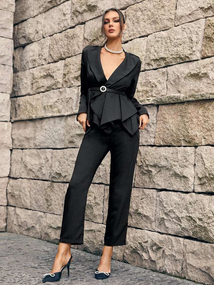  Long Sleeve Shawl Collar Black Women Suit Sets 8395