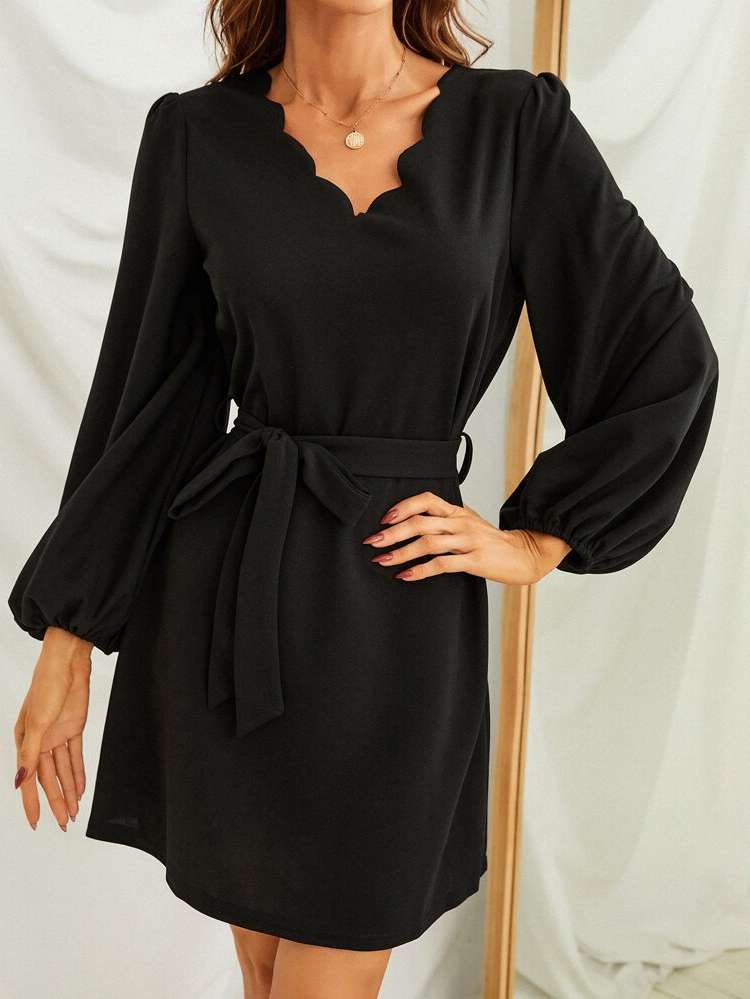 Long Sleeve Black Scallop V neck Women Dresses 153