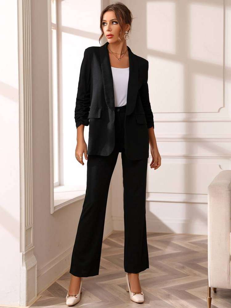  Shawl Collar Three Quarter Length Sleeve Ruched Women Suit Sets 1772