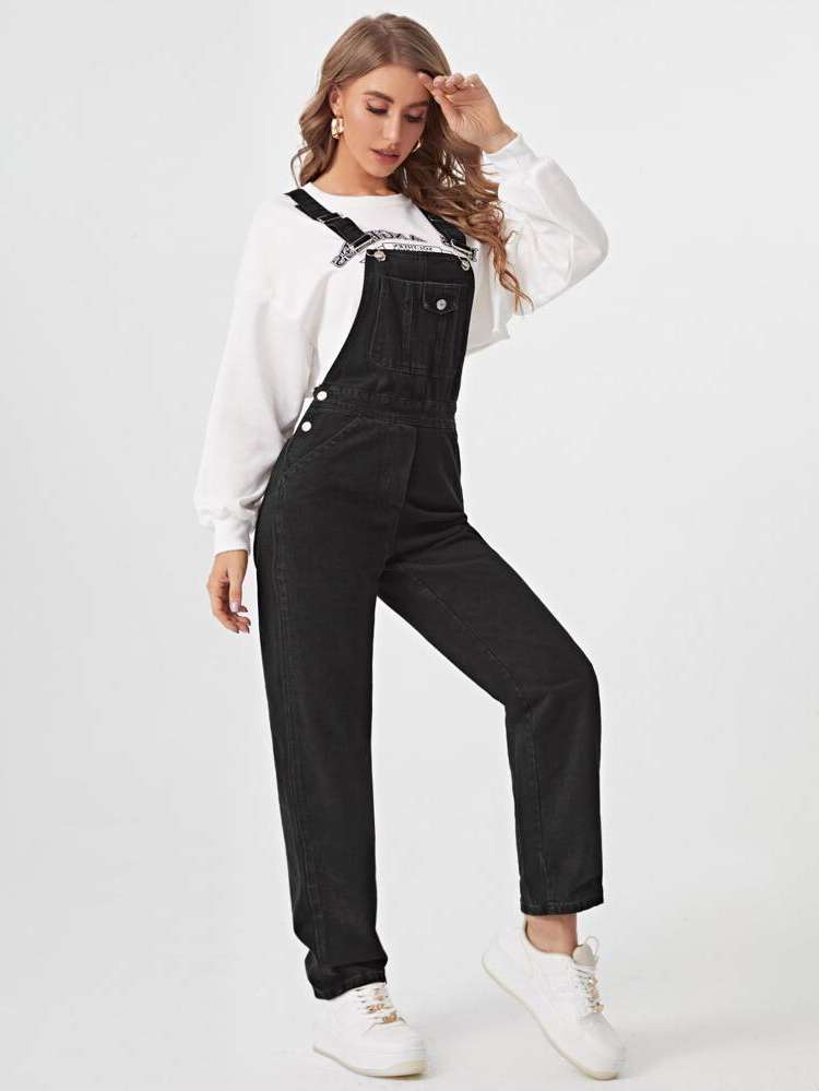 Preppy Black Regular Fit Women Denim Overalls  Jumpsuits 2435