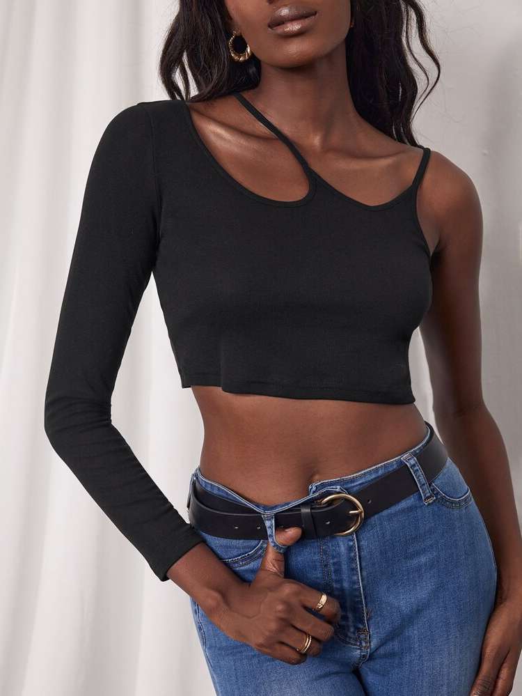 Crop Asymmetrical Slim Fit Asymmetrical Neck Women Clothing 2695