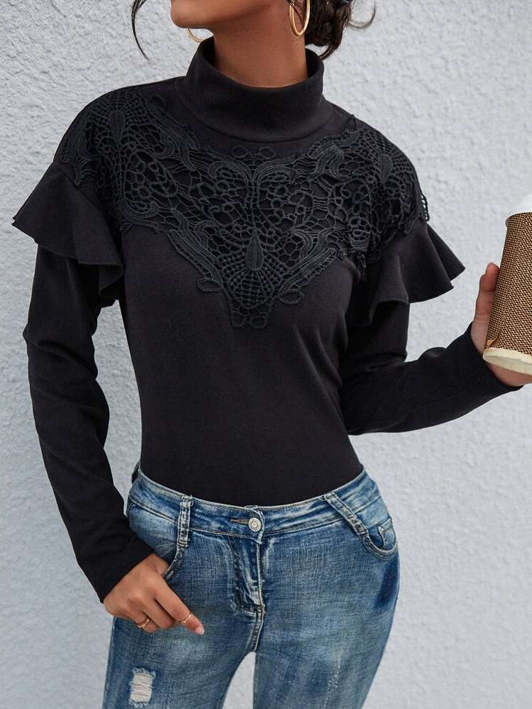  Ruffle Regular Black Women Tops, Blouses  Tee 3587