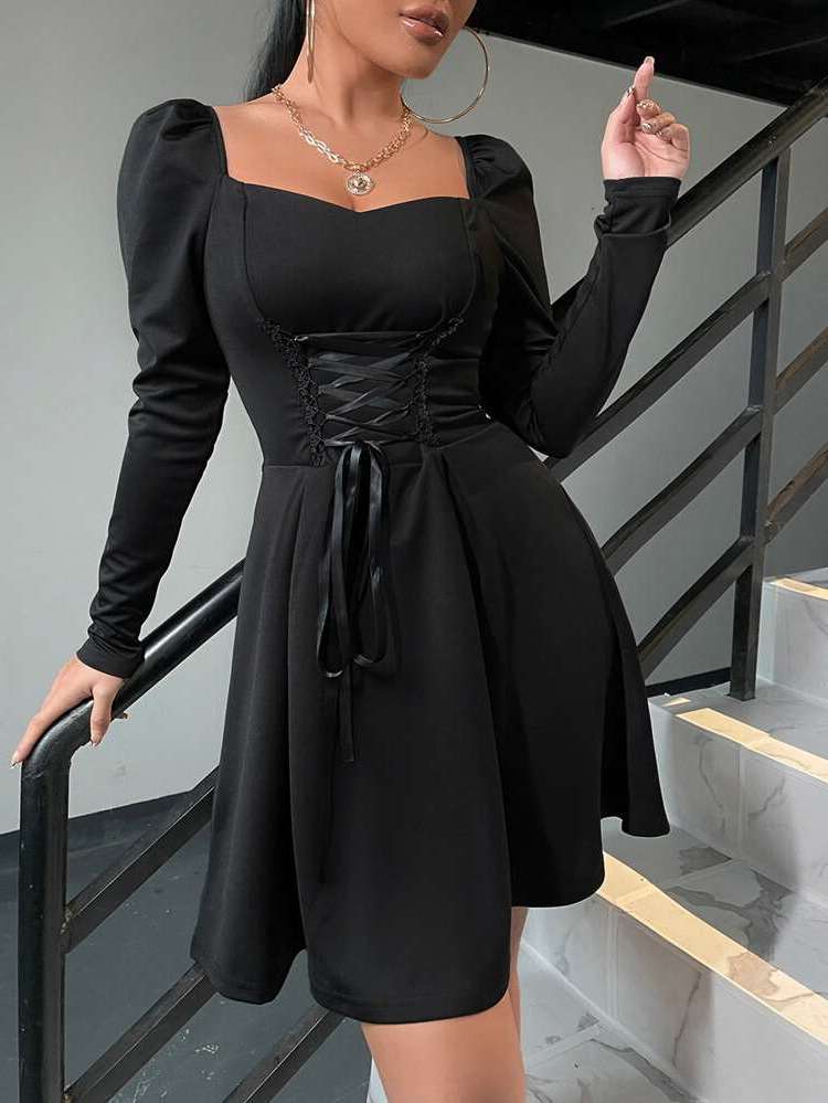 Elegant Long Sleeve Plain Black Women Dresses 301