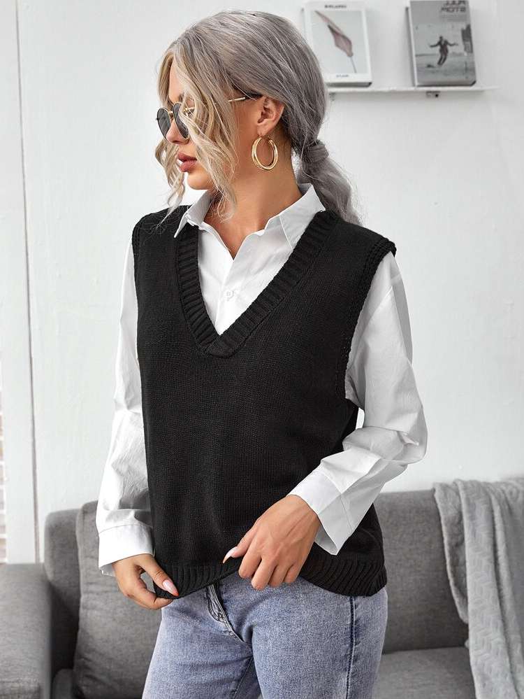  V neck Plain Women Sweater Vests 910