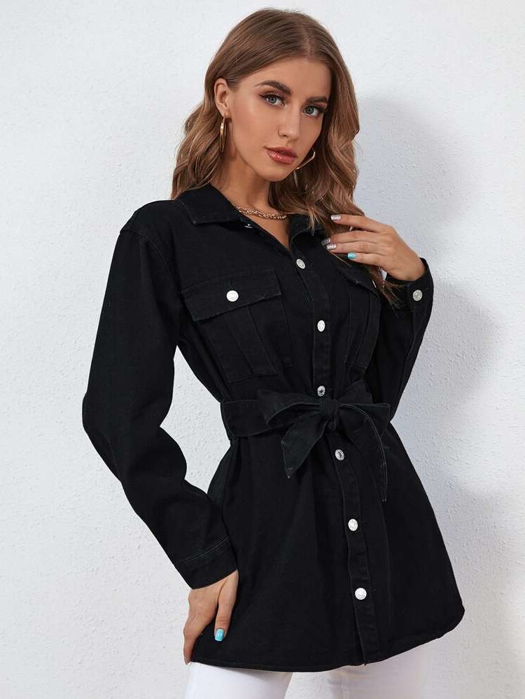  Long Sleeve Belted Black Women Denim Jackets  Coats 1976