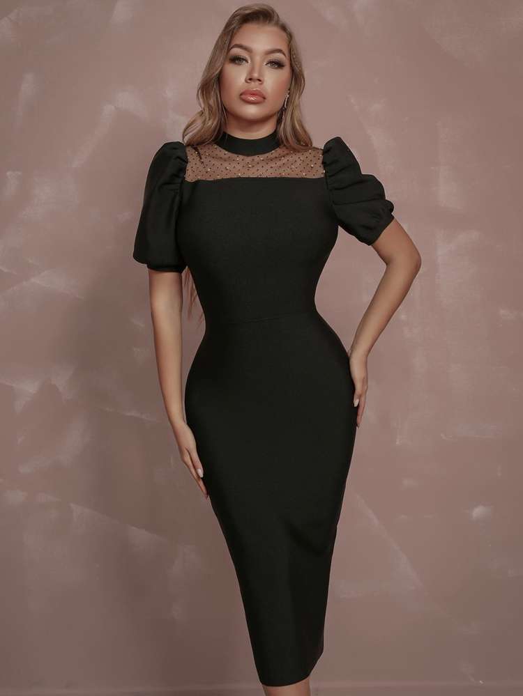 Elegant Contrast Mesh Slim Fit Women Dresses 332