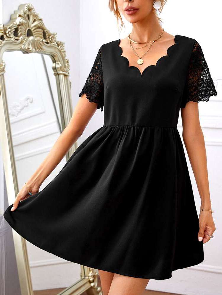 Scallop Short Sleeve V neck Short Women Dresses 618