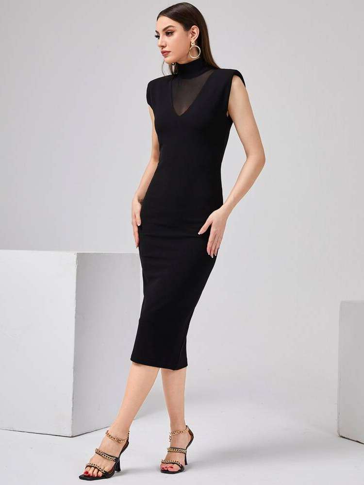 Stand Collar Black Plain Elegant Women Dresses 97