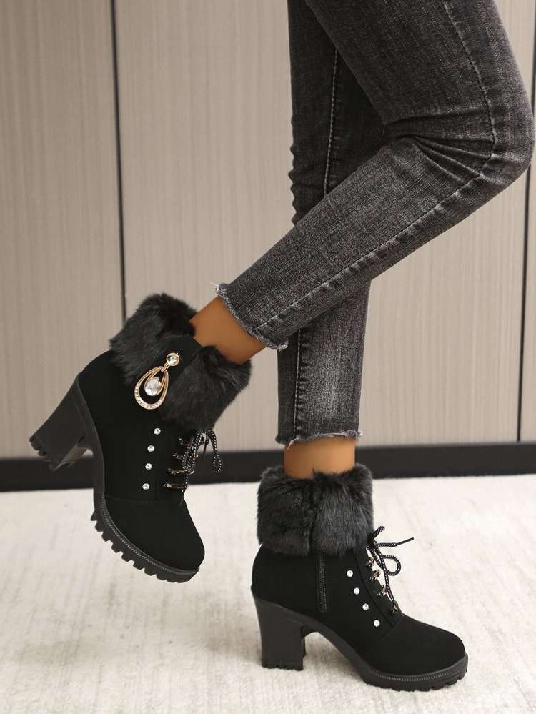 Punk Contrast Faux Fur Women Shoes 2952