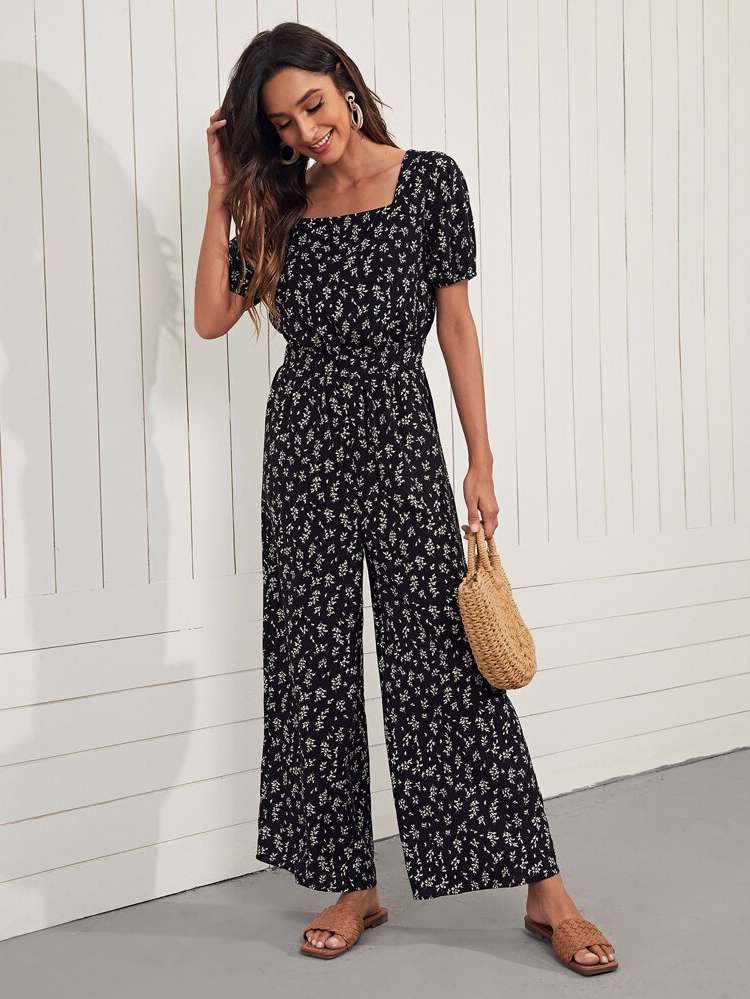 Short Sleeve Square Neck Black Regular Fit Women Jumpsuits  Bodysuits 665