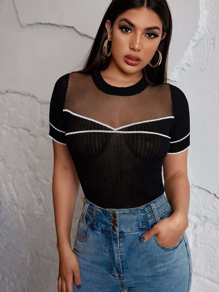  Short Sleeve Black Striped Women Knitwear 969