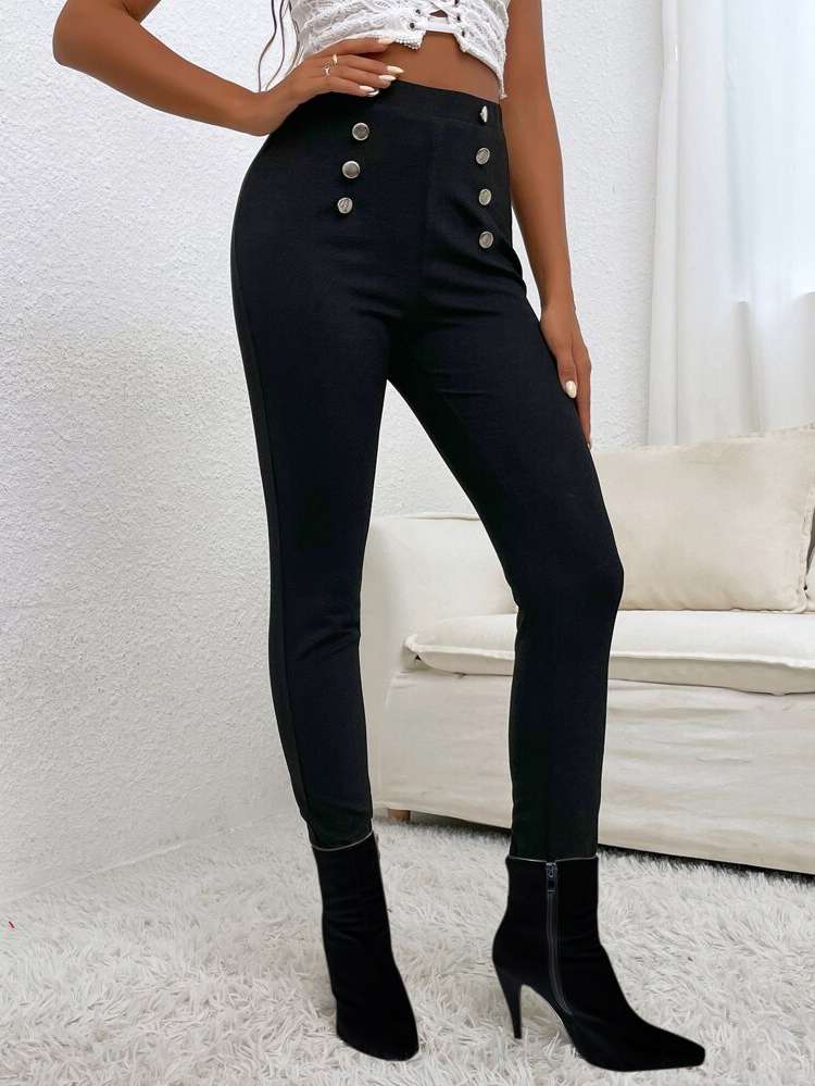 Plain Black Button Women Clothing 1407