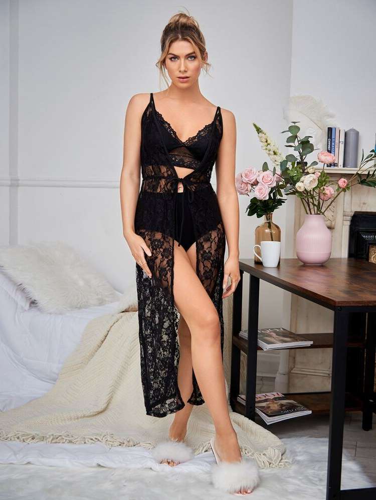 Black Sleeveless Tie Front Women Nightgowns  Sleepshirts 3577