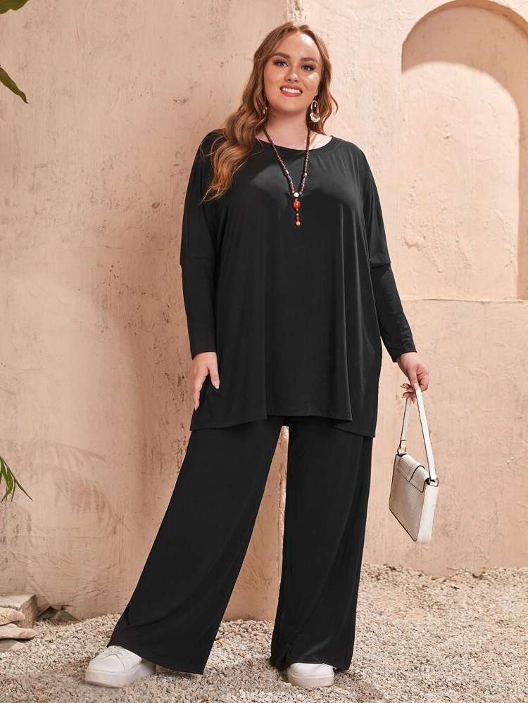 Plain  Long Sleeve Plus Size Co-Ords 1539