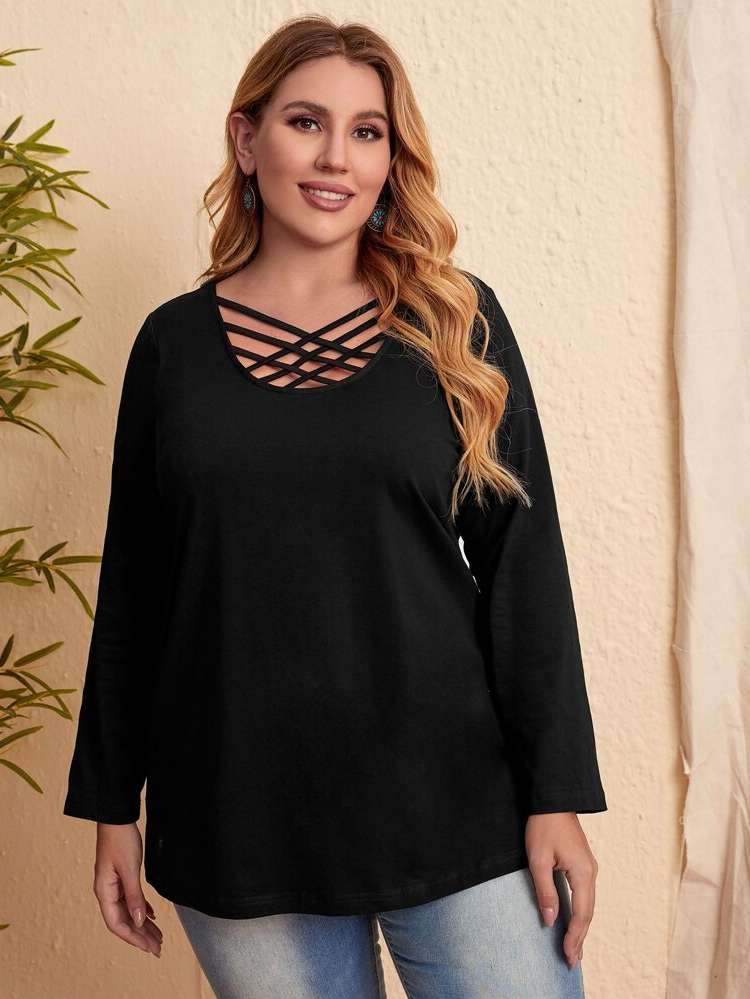 Black Plain Casual Plus Size T-shirts 1060