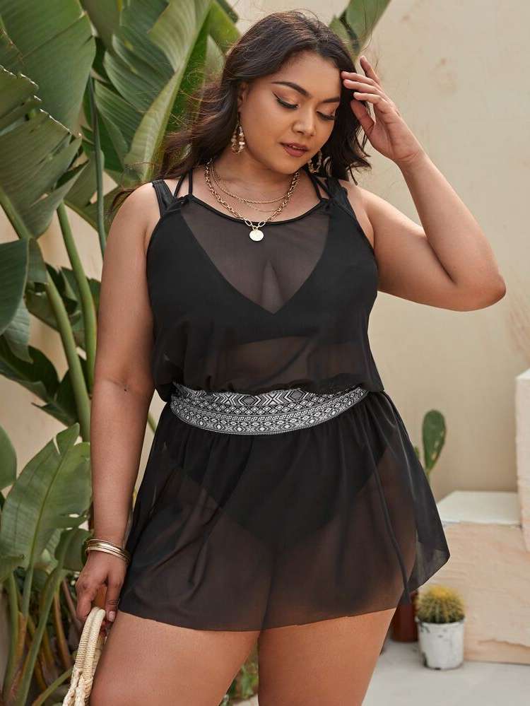  Geometric Sleeveless Plus Size Beachwear 9602